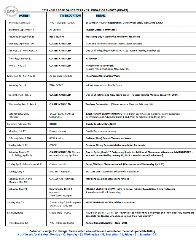 Calendar of Events BSSD Beaumont Society School of Dance